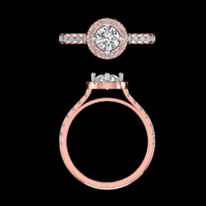 Anillo de compromiso de oro rosa con halo de diamantes redondos, piedras de acento engastadas en pavé y elegante banda estilo catedral, joyería nupcial para mujer - Product Image 2
