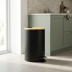 Cubo de Basura Moderno de Metal Negro con Tapa de Bambú Natural y Cubo Interior Extraíble para Cocina, Baño, Oficina y Hogar - Product Image 1