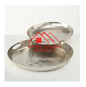 Plateau de service alimentaire en métal fini argenté de forme ronde Design martelé Plateau de service pour aliments et boissons d'hôtel à domicile - Product Image 3