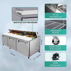 Orikool 72 Attrezzatura di Refrigerazione Commerciale per Cucina, Tavolo Preparazione Sandwich e Insalate, Banco da Macellaio con Coperchio Protettivo, Refrigerato - Product Image 6