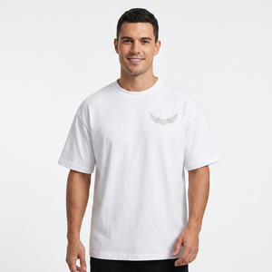 T-shirt blanc surdimensionné à manches courtes avec logo ailes en relief, haut décontracté en jersey de coton à col rond pour homme - Product Image 6