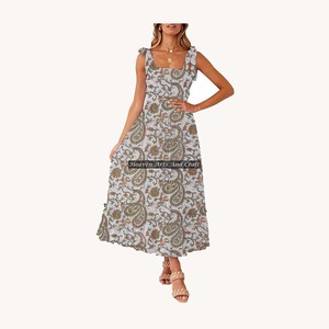 Vestido Boho 2026 con Tirantes Finos, Largo hasta el Suelo, Casual Chic, Estampado a Bloques, Sin Mangas, de Algodón Ecológico, para Noche o Playa, Estilo Gitano - Product Image 1