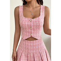 Ensemble coordonné veste courte en tweed rose à carreaux et mini-jupe plissée pour femme