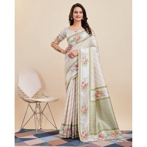 TENDANCE BANARASI JACQUARD TRAVAIL SAREE AVEC CHEMISIER NON COUDU BLANC CASSÉ - Product Image 1