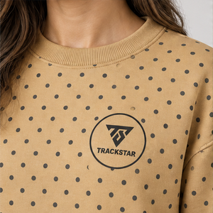 Women's Camel Crewneck <b>Sweatshirt</b> with Charcoal Allover Polka Dots <b>Long</b> Sleeve Custom Logo - Product Image 5