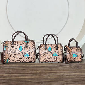 2026 Wholesale Hand <b>Tooled</b> Floral <b>Leather</b> Top Handle Crossbody Duffel Bags Genuine Cow <b>Leather</b> Large Capacity Women's Travel Bag - Product Image 4