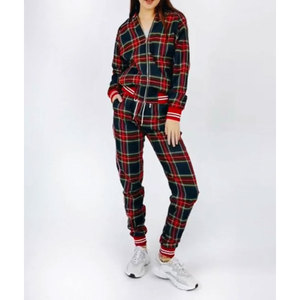 Women Plaid <b>Tracksuit</b> Set Full Sleeve Zipper Front Casual Jogger Outfit Autumn Wear 100 Cotton Regular Fit - Product Image 1