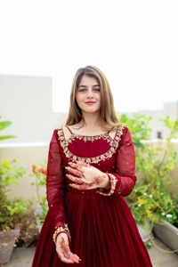 Hot Trending Pakistani Party Wear Dress Maroon Georgette Chiffon Anarkali Frock Heavy Embroidered Neckline <b>Wedding</b> Gown - Product Image 4