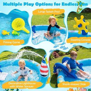 Piscina Gonfiabile a Tema Vita Marina con Scivolo a Forma di Squalo e Spruzzatore a Faro per Divertimento Estivo in Acqua - Product Image 5