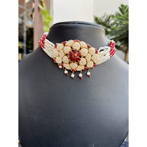 Juego de gargantilla con diseño de flor rosa Jaal Puwai, hecho a mano en la India, con base de latón chapado en oro, para mujeres, joyería étnica para bodas. - Product Image 3