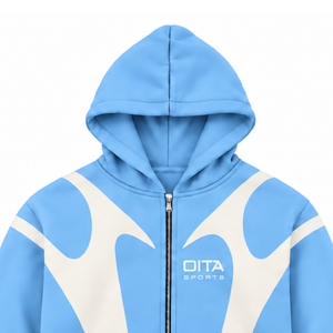 Sweat à capuche zippé bleu ciel avec empiècements contrastants pour homme, style streetwear, fermeture éclair intégrale, manches longues, décontracté, en polaire, avec poches - Product Image 3