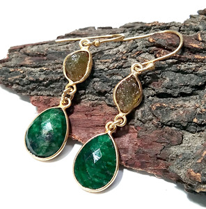 Natural Emerald & Peridot Drop <b>Earrings</b> Gold Plated Bezel Set Handmade Gemstone Dangle <b>Earring</b> Solid 925 Sterling <b>Silver</b> Jewelry - Product Image 2