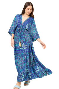 Vestido de mujer de poliéster con estampado floral, azul, con mangas acampanadas, cuello en V, informal, cómodo para el verano, estilo occidental con volantes. - Product Image 4