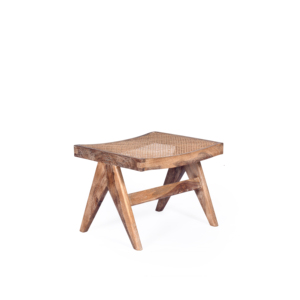 Tabouret en bois massif de style Pierre Jeanneret, design Mid-Century Modern, avec assise en rotin et pieds en V, pour la vente en gros - Product Image 4