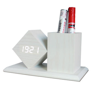 Multi-function Table Desk Wooden Pen Holder with Digital <b>LED</b> Alarm <b>Clock</b> - Product Image 2
