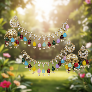 Premium Austrian Stone and Mirror Jhumki with Maangtikka 10575476ML Fashion Jewelry <b>Set</b> - Product Image 3