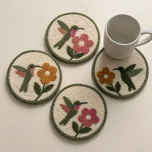 4pcs Hummingbird Punch <b>Needle</b> Coaster Set, Handcrafted Floral Yarn Drink Mats for Table Decor by Whimsy Art Craft - Product Image 3