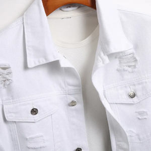 Men's White <b>Denim</b> Jacket Casual Turn-down Collar Button Up Ripped Frayed Design Spring Outwear Regular Fit Cotton <b>Coat</b> - Product Image 5