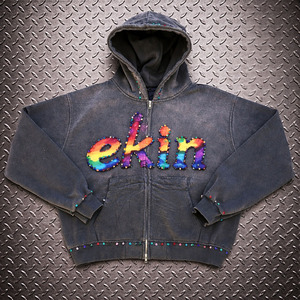 Ekin Custom Grey 100% Cotton <b>Fleece</b> Embroidered Oversize Boxy Acid Washed Rhinestone Dtg Print Hoodie - Product Image 1