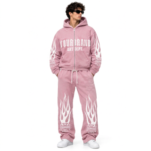 Custom Men's Heavyweight Printed Cotton Fleece Tracksuit Oversized Hoodie And <b>Sweatpants</b> <b>Set</b> With Chenille Lettering - Product Image 2