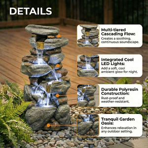 Fontana da Esterno 30 Rock con Luci LED Bianche, Cascata d'Acqua Tranquilla per Giardino, Patio o Decorazione del Cortile - Product Image 5