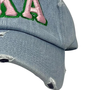 AKA <b>Light</b> Denim <b>Hat</b> <b>Light</b> Blue Distressed Baseball Cap with Green Pink Embroidered Letters Adjustable Casual Denim Cap for Women - Product Image 2
