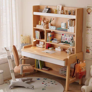 White Ergonomic Wooden Multi-functional <b>Study</b> <b>Desk</b> and Bookshelf Set with Storage Shelves for Children's Home Office - Product Image 4