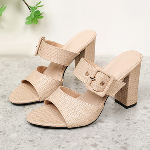 Simple All-Match Chunky High <b>Heel</b> Stiletto Pointed Toe Women's Summer Outdoor Slide Sandals with Buckle Closure - Product Image 1