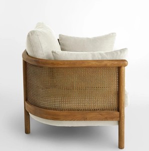Scandinavian Wooden Armchair With <b>Cane</b> Back And Cream Upholstery Modern Leisure <b>Chair</b> For Living Room - Product Image 3