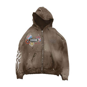 Sweat à capuche zippé épais imprimé sérigraphié 100 % coton, streetwear personnalisé, sweat à capuche pull-over avec strass - Product Image 5