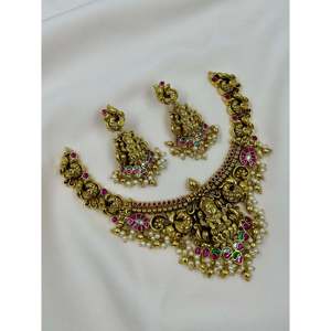 Indian Ethnic Artificial <b>Jewellery</b>-Sanjana South Indian Bridal Necklace & Earring <b>Set</b> <b>Gold</b> Plated - Product Image 1