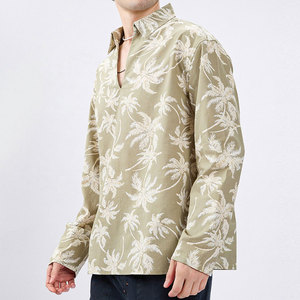 Camisa Hawaiana de Manga Larga con Estampado de Palmeras Verde Oliva para Hombre, Cuello en V, Estilo Vacacional, Tela Popelina, Ropa de Verano - Product Image 2