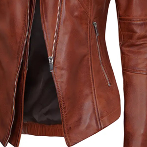 Chaqueta Bomber de Cuero Genuino Marrón REBA SPORTS IMPEX para Mujer, Manga Larga, Cuello Alto, Cierre de Cremallera Transpirable - Product Image 6