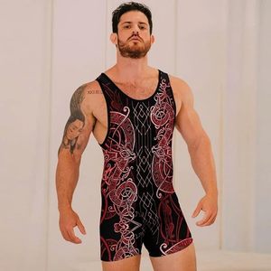 Débardeur de lutte pour homme, imprimé intégral motif géométrique, en Spandex et Polyester, anti-humidité, coupe ajustée, taille élastique - Product Image 2