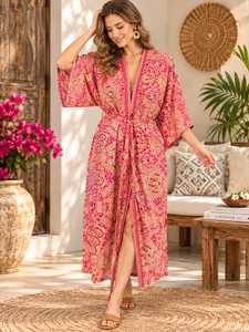 Robe longue décontractée d'été pour femme à imprimé cachemire, col en V, manches trois quarts, avec cordon de serrage - Product Image 5