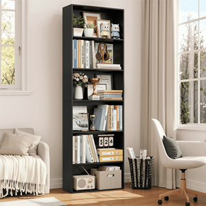 Libreria Estensibile a 6 Ripiani in Legno, Scaffale Espositivo per Soggiorno, Ufficio, Biblioteca, Colore Nero - Product Image 1
