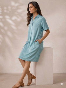 Vestido de Mujer Azul Cielo, de Seda Dupion, Largo hasta la Rodilla, Corte Moderno y Recto - Product Image 2