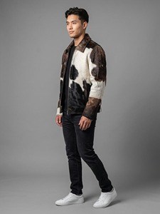 Men's Real Cowhide Leather <b>Jacket</b> Genuine Hair-on-Hide <b>Western</b> Cow Print Patchwork Bomber Coat Vintage Biker Outerwear - Product Image 4