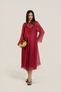 Robe midi en organza transparent pour femme, en soie voile, col rond, manches classiques, taille ample, style décontracté minimaliste respirant (OEM) - Product Image 6