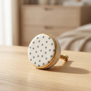 Ceramic Round <b>Drawer</b> Knob with Blue Polka Dots <b>Gold</b> Trim Industrial Style Eco-Friendly Antirust Bedroom Furniture Handle - Product Image 1