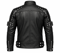 Veste de moto en cuir véritable noir pour homme avec fermeture éclair, boucles réglables, coupe ajustée, style motard, à porter en automne et en hiver
