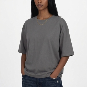 T-shirt gris ample à col rond et manches courtes pour femme, coupe décontractée, 100 % coton jersey, couleur unie, toutes saisons - Product Image 1