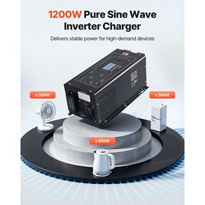 Inverter/Caricabatterie a Onda Pura da 1200W per Sistemi Elettrici RV, da DC 12V a AC 120V, con Display LCD e Telecomando, Bassa Frequenza - Product Image 2