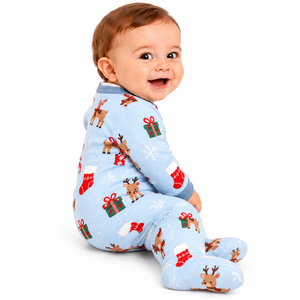 Combinaison tricotée à pieds pour bébé, bleu ciel, Noël, motif renne, motif flocon de neige, manches longues, boutonnée sur le devant, pour nourrisson et tout-petit - Product Image 3