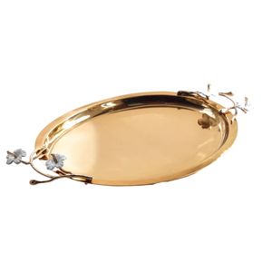 Fabulous Design Home Decorative Food Serving Silver Metal <b>Tray</b> With Gold Floral Handle Perfect For Serving <b>Snacks</b> And Desserts - Product Image 6