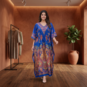 Robe longue décontractée pour femme, style ethnique indien et pakistanais, bleu, imprimé numérique, coupe ample, idéale pour l'été - Product Image 1