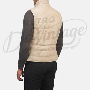 Chaleco acolchado de gamuza beige premium para hombre, con botones, cuello alto, sin mangas, corte ajustado, para invierno. - Product Image 2