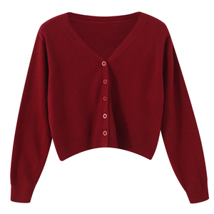 Wholesale Women Soft V-Neck Cropped <b>Cardigan</b> Button Up Long Sleeve Knitted <b>Sweater</b> Top - Product Image 2
