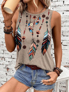 เสื้อกล้ามผู้หญิงสำหรับฤดูร้อน ลายขนนก คอกลม แขนกุด สไตล์วินเทจ ทรงหลวม - Product Image 3