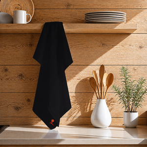 Black Cotton <b>Kitchen</b> <b>Towel</b> Solid Color With Embroidery logo Rectangle <b>Kitchen</b> <b>Towel</b> Eco Friendly Machine Washable - Product Image 1